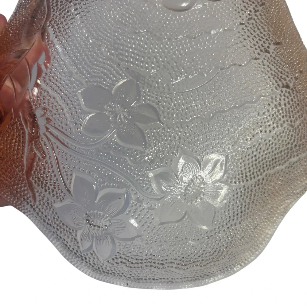 Vintage Pink Depression Glass Cherry Floral‎ Nappy Bowl Single Handle Candy Dish
